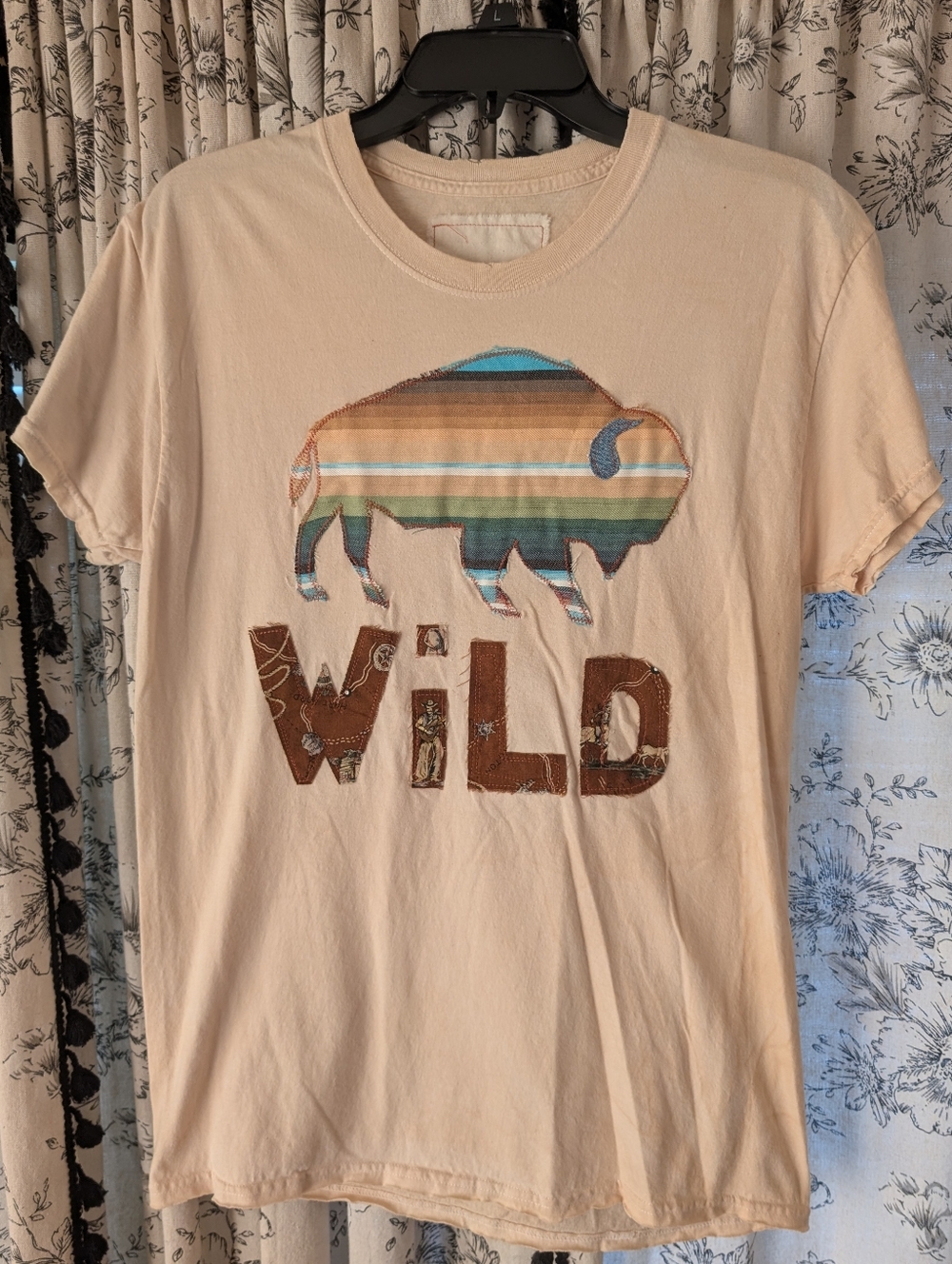 WILD buffalo tee shirt, upcycled tea stained w raw edge applique, HANDMADE ITEM